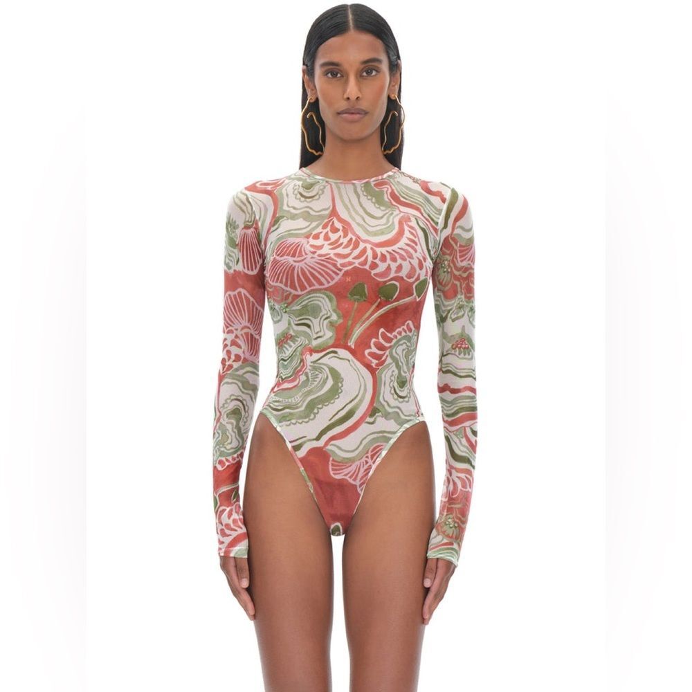 Andrea Iyamah Elle Mesh Leotard Bodysuit Mushroom Print Size X-Large (US 12-14)